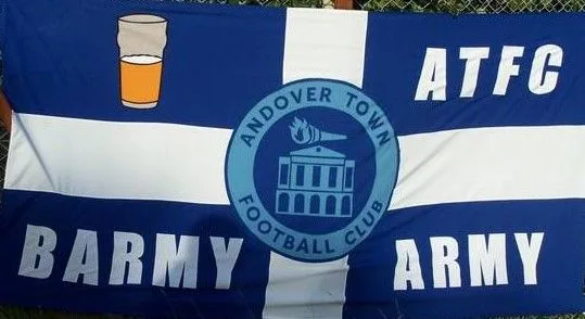 The ATFC Barmy Army supporters’ flag with the Andover Town crest.